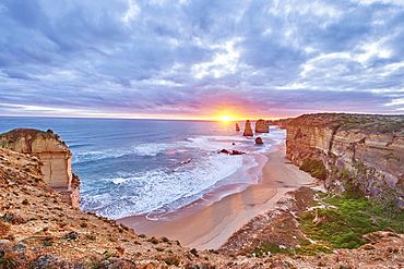 Rocky coast with the Twelve Apostles at sunset, Great Ocean Road, Port Campbell National Park, Victoria, Australia, Oceania