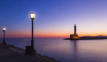 Chania lighthouse at sunrise, harbour, Chania, Crete, Greece, Europe