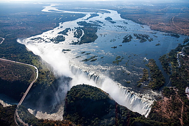 Aerial view, Victoria Falls with the Victoria Falls Bridge over the Zambezi River, Livingstone, Zambia, Africa