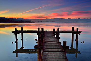 Wooden foodbridge at the Lake Pfaffikersee at dawn, Pfaffikon, Canton Zurich, Switzerland, Europe