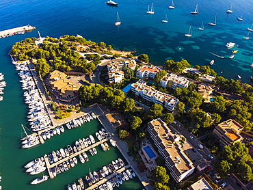 Aerial photo, view of Santa Ponca and the marina of Santa Ponca, behind the Serra de Tramuntana, Majorca, Balearic Islands, Spain, Europe