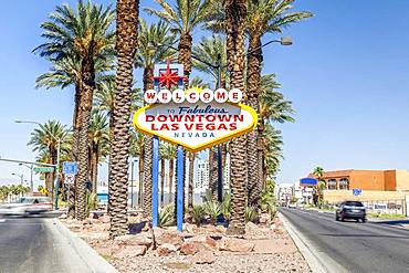 Welcome sign at street, Downtown Las Vegas, Nevada, USA, North America