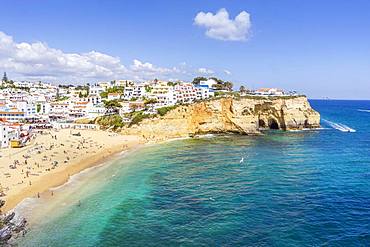 Sandy beach and white houses, Carvoeiro, Algarve, Portugal, Europe