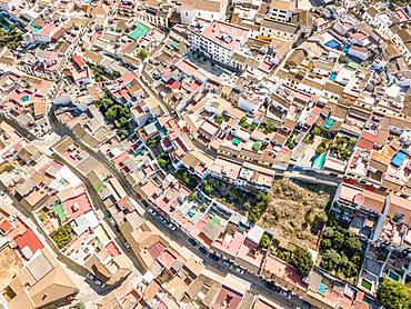 Architectural pattern of little Spanish town, drone image, Almodovar del Rio, Andalusia, Spain, Europe