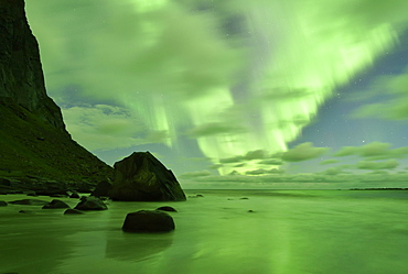 Northern Lights, Aurora Borealis above the beach of Utakleiv, Lofoten, Norway, Europe