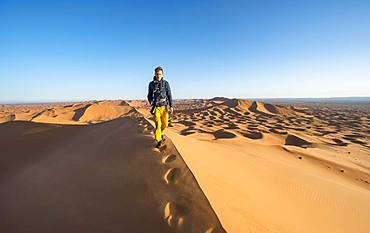 Young man running on sand dune, Erg Chebbi, Merzouga, Sahara, Morocco, Africa