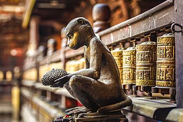 Buddhist Prayer Wheels, Monkey, Golden Temple, Patan, Kathmandu Valley, Himalaya Region, Nepal, Asia