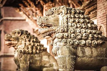 Antique Lion Figures, Royal Palace, Durbar Square, Patan, Kathmandu TalHimalaya Region, Nepal, Asia