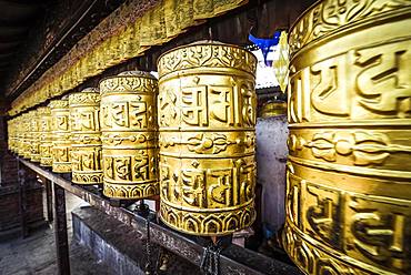 Buddhist prayer wheels, monkey temple Swayambhunath, Kathmandu, Nepal, Asia