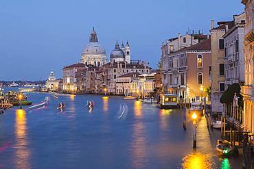 Grand Canal with light trails from water taxis, vaporettos in movement plus Renaissance architectural style palace buildings and Santa Maria della Salute basilica in Dorsoduro at dusk, Venice, Veneto, Italy, Europe