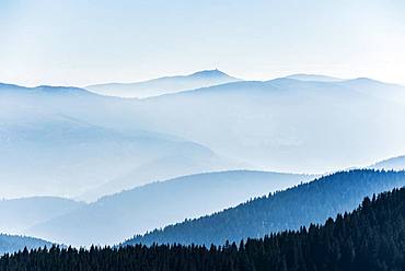 Staggered mountain ranges in the haze, am Hohneck, Col de la Schlucht, Vosges, Alsace-Lorraine, France, Europe