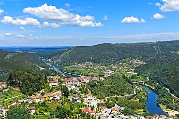 View from the viewpoint Penedo de Castro to the city Penacova at the river Mondego, Penacova, district Coimbra, Portugal, Europe