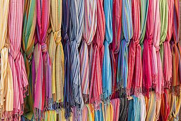 Colored cloths for sale, street market Sineu, Majorca, Balearic Islands, Spain, Europe