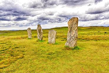 Megalith Stone Formation Callanish Standing Stones, Stone Circle under a Cloudy Sky, Lewis and Harris Island, Outer Hebrides, Scotland, United Kingdom, Europe