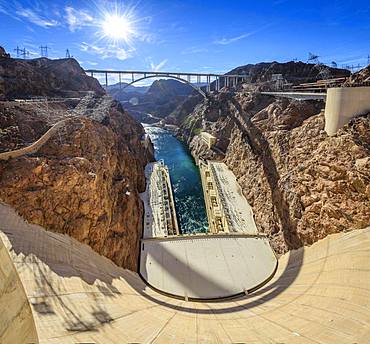 View of the Hoover Dam Bypass Bridge and Dam from the Hoover Dam, Hoover Dam, Dam, near Las Vegas, Colorado River, Lake Mead, Boulder City, former Junction City, Arizona Border, Nevada, USA border