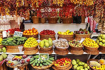 Market stall with various exotic fruits and dried chillies, chillies, market hall, Funchal, Madeira, Portugal, Europe