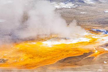 Abstract detail, hot springs, colorful mineral deposits in Porcelain Basin, Noris Geyser Basin, Yellowstone National Park, Wyoming, USA, North America