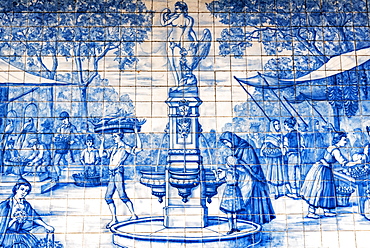 Street scene with fountain, market, historical Azulejo tile picture, painted ceramic tiles, Funchal, Madeira, Portugal, Europe