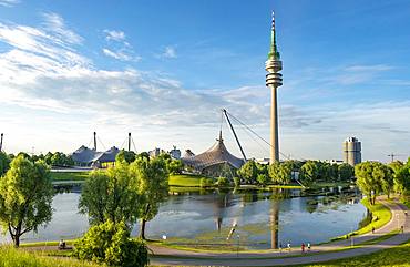 Olympic Area, park with olympic lake and television tower, Olympiaturm, Theatron, Olympiapark, Munich, Upper Bavaria, Bavaria, Germany, Europe