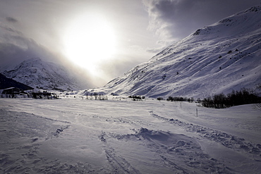 Snowy mountain landscape in winter, Andermatt, Switzerland, Europe