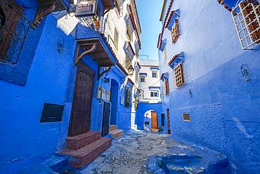 Narrow lane with blue houses, Medina of Chefchaouen, Chaouen, Tanger-Tetouan, Morocco, Africa