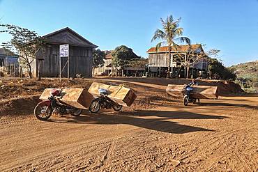 Illegal timber transport by moped on the way to Vietnam, Ratanakiri Province, Cambodia, Asia