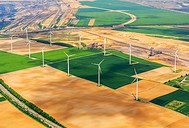 Aerial view, wind farm at the lignite opencast mine Garzweiler, North Rhine-Westphalia, Germany, Europe