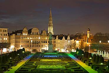 City view, view from the illuminated square Mont des Arts to the town hall and lower town, night shot, Brussels, Belgium, Europe