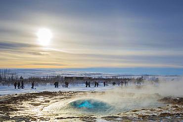 Geysir Strokkur shortly in front of an eruption, Golden Circle, South Iceland Region, Iceland, Europe