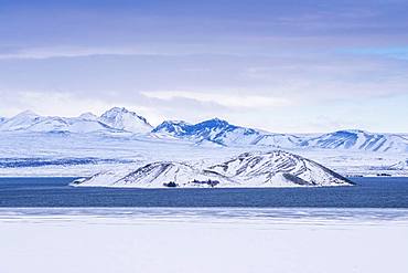 Snowy landscape at Pingvallavatn, Pingvalla Lake, Sudurland, Iceland, Europe