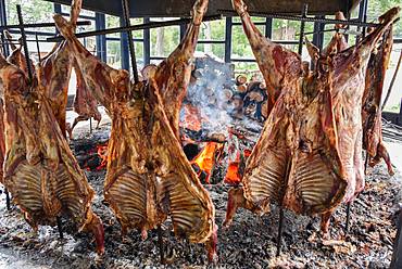 Spit-roasted mutton cooking on open fire, typical and traditional speciality in Tierra del Fuego and Patagonia, Ushuaia, Argentina, South America