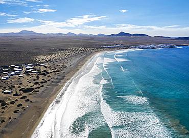 Beach Playa Famara and Caleta de Famara, drone shot, Lanzarote, Canary Islands, Spain, Europe