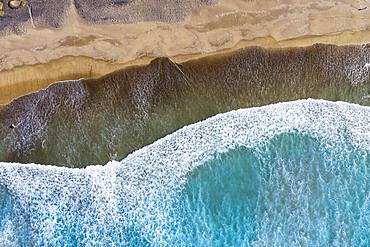 Waves running out at sandy beach, Playa Famara near Caleta de Famara, drone shot, Lanzarote, Canary Islands, Spain, Europe