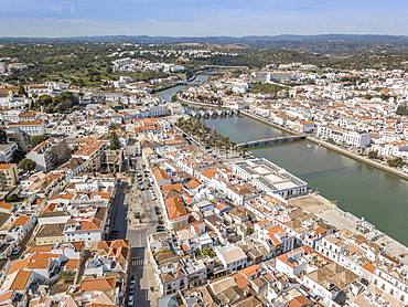 Aerial view of with roman bridge, Tavira, Algarve, Portugal, Europe