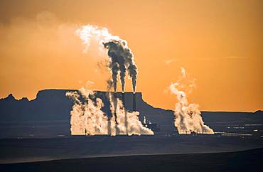 Steaming Chimneys, Navajo Coal-fired Generating Station in Morning Light, Backlight, Navajo Nation Reservation, Page, Arizona, USA, North America