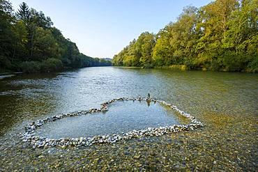 Heart-shaped piles of Isar pebbles in the shallow riverbed, Isar near Schaeftlarn, Upper Bavaria, Bavaria, Germany, Europe