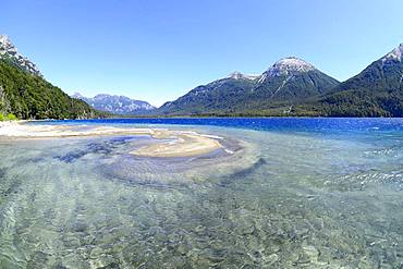 Lake with crystal clear water in front of mountain landscape, Lago Traful, Province Neuquen, Patagonia, Argentina, South America