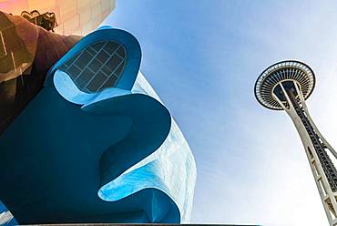 Curved colored facade of the Museum of Pop Culture, MoPOP, detail, architect Frank Gehry, Seattle, Washington, USA, North America