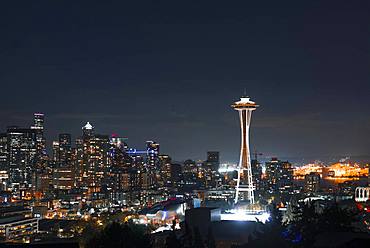 View over Seattle skyline with observation tower Space Needle, night scene, Seattle, Washington, USA, North America