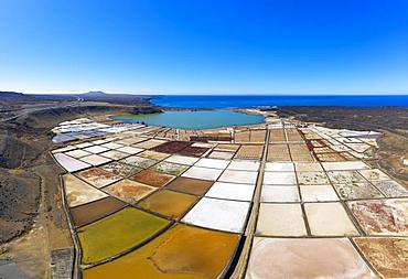 Salt extraction plant, Salinas de Janubio, near Yaiza, drone shot, Lanzarote, Canary Islands, Spain, Europe