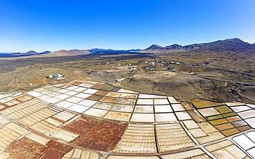 Salt extraction plant, Salinas de Janubio, near Yaiza, drone shot, Lanzarote, Canary Islands, Spain, Europe