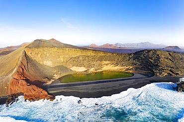 Charco de los Clicos, El Lago Verde, green lagoon, Montana del Golfo, near El Golfo, drone shot, Lanzarote, Canary Islands, Spain, Europe