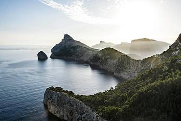 Morning atmosphere over sea with rocky coast, Cap Formentor, Port de Pollenca, Serra de Tramuntana, Majorca, Balearic Islands, Spain, Europe