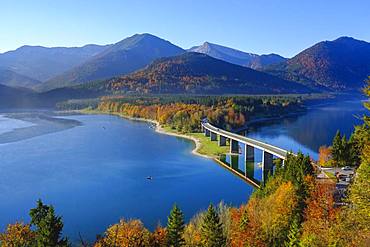 Bridge over Lake Sylvensteinsee, near Lenggries, Isarwinkel, Upper Bavaria, Bavaria, Germany, Europe