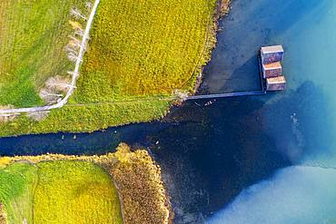 Bay with boathouses at the Lake Kochel, near Schlehdorf, drone shot, The Blue Land, Alpine foothills, Upper Bavaria, Bavaria, Germany, Europe