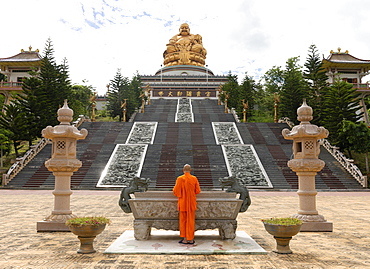 Happy Buddha, monk at an altar, Chiang Rai Province, Northern Thailand, Thailand, Asia