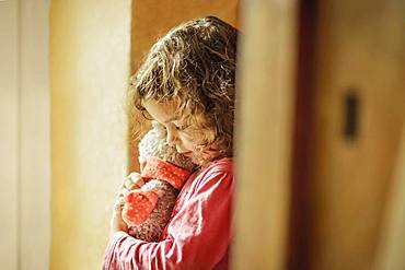 Girl, 3 years, portrait, snuggles with teddy bear, Germany, Europe