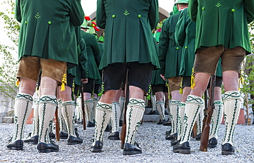 Mountain marksmen in traditional Bavarian costumes with Wadl stockings, Corpus Christi procession in Wackersberg, Isarwinkel, Toelzer Land, Upper Bavaria, Bavaria, Germany, Europe