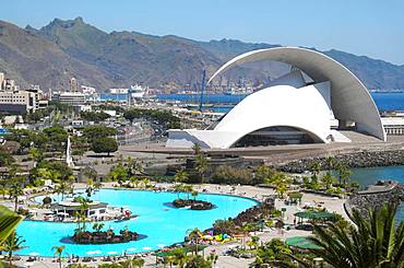 Overview of Parque Maritimo outdoor pool in Cesar Manrique and Auditorio de Tenerife concert hall, Santa Cruz de Tenerife, Tenerife, Canary Islands, Spain, Europe