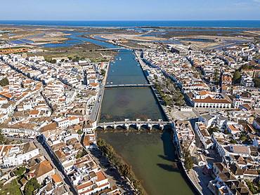 Aerial view, city view with Roman bridge, Tavira, Algarve, Portugal, Europe